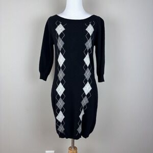 Stile Benetton Sweater Dress Medium Black Wool Knit Argyle‎ Mini Academia Y2K M